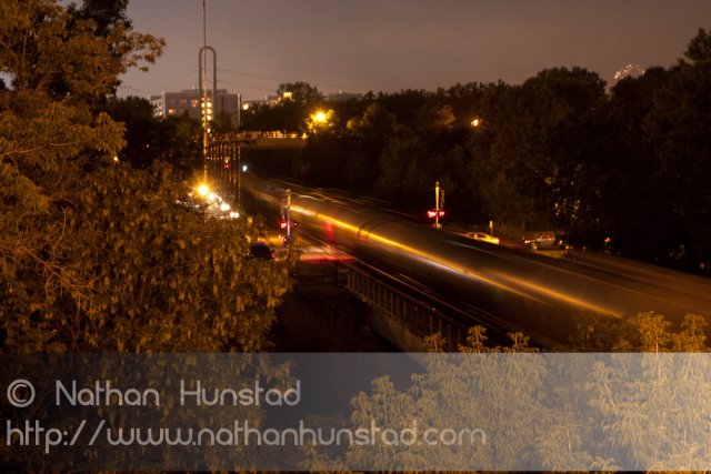 A train passes through Nicollet Island on 4 July 2010